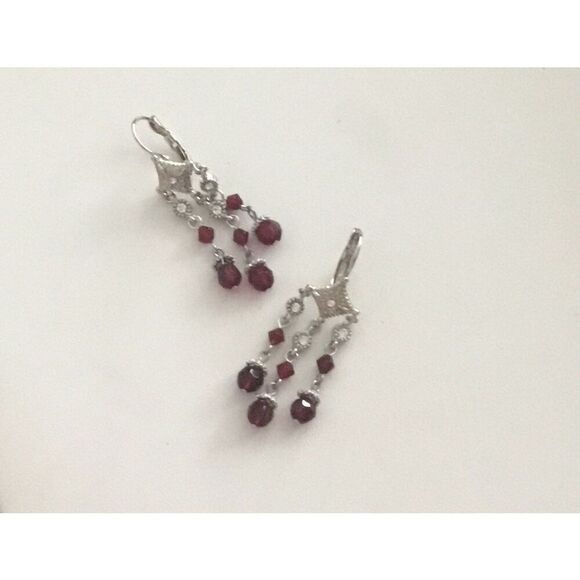 Silver Pave Rhinestone & Garnet Earrings - Picture 2 of 2